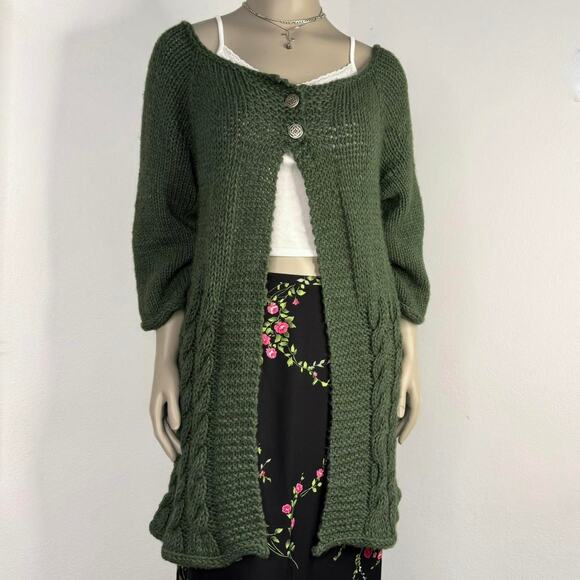 Green Cable Knit Caragain Fall 2-Buttons Fisherman Core Chucky Sweater - Picture 1 of 5